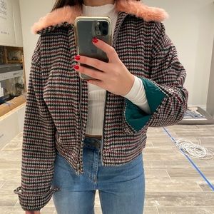 Pink fuzzy collared bomber